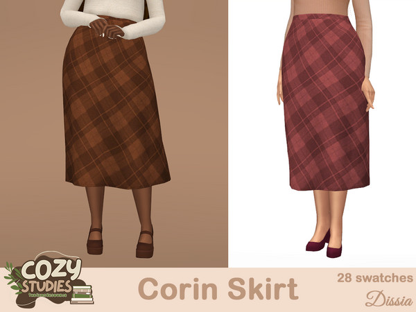Sims 4 — Corin Skirt by Dissia — High waist plaid midi skirt