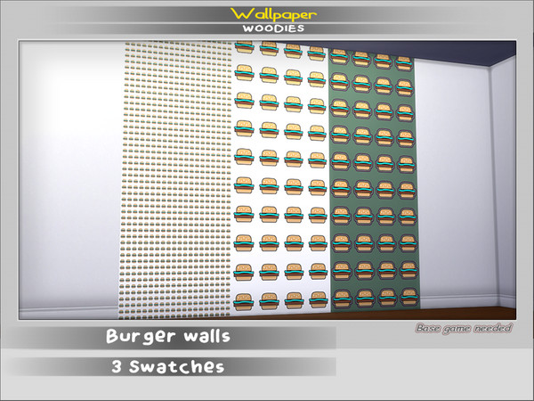 Sims 4 — Burger walls by Woodies — New wallpaper with 3 swatches The burger image was from pets expansion pack