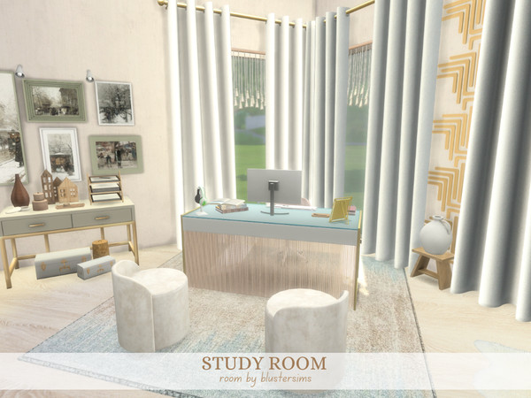 Sims 4 — Soft Pastels Study Room by BlusterSims — Beautiful study room complete with a desk, computer, comfy chair and