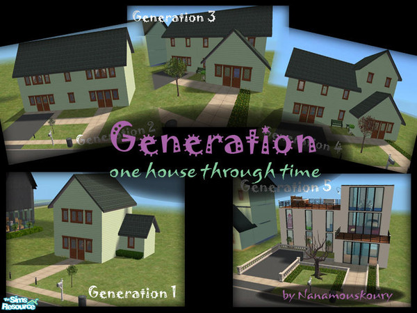 Sims 2 — Generation by Nanamouskoury — Based on LadyGaia's building challenge, this set includes all five versions of the