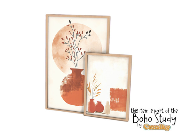 Sims 4 — Comiko Boho Study Paitings by Comiko — Boho Study Set is base game compatible and consists of 9 items Confort: