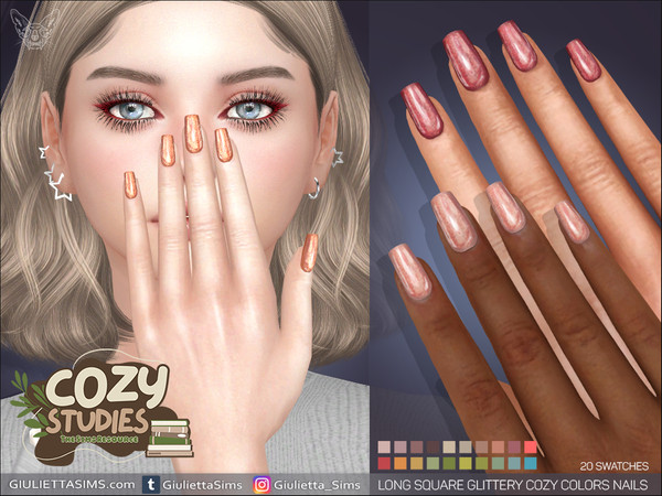 Sims 4 — Cozy Studies - Long Square Glittery Cozy Colors Nails by feyona — Cozy Studies - Long Square Glittery Cozy