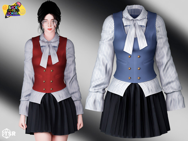 Sims 4 — [Back to School] Mabel - Cute student uniform by Garfiel — Cute adult female school formal striped uniform with