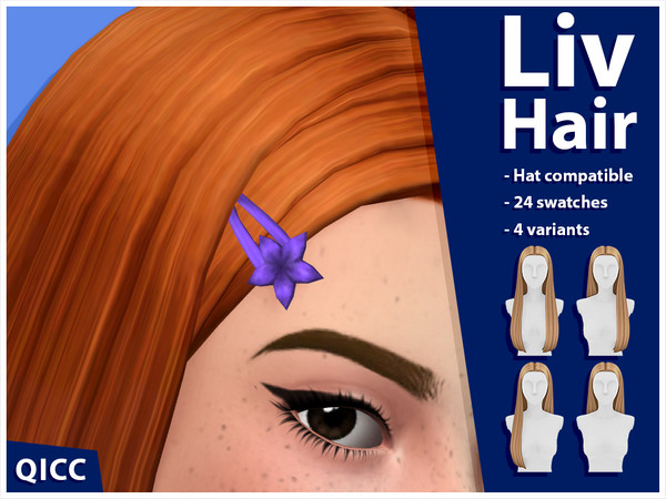 Sims 4 — Liv Hair Clips Accessory by qicc — A long straight middle part hairstyle that comes in 4 variants. This is an