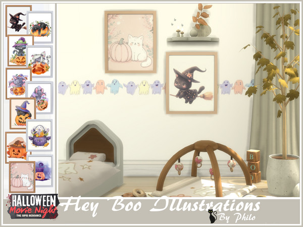 Sims 4 — Philo_Hey Boo Cats and Pumkins Illustrations by philo — While older Sims celebrate Halloween, babies and