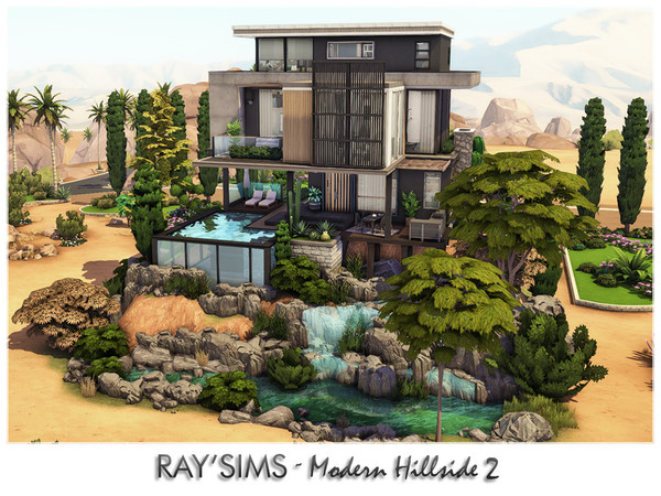 Sims 4 — Modern Hillside 2 by RayDesign9 — I build this house in Oasis Spring world, 40x30 lot size with 3 floors. This