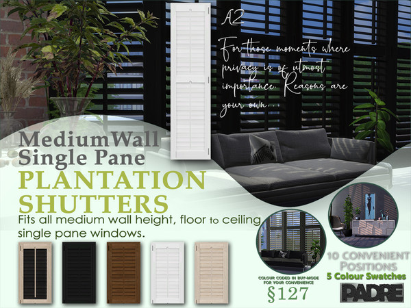 Sims 4 — Zenotta Single Plantation Shutters Medium A II by Padre — Created to fit single-tile, floor to ceiling, MEDIUM