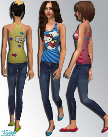 Sims 2 — Hello Kitty Set by pretty_baby — a set of 3 outfits with skinny jeans and a hello kitty tank top in different
