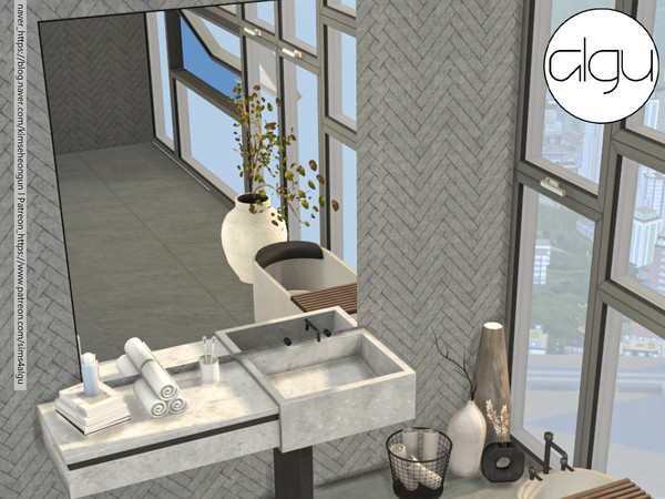 Sims 4 — [algu] modern bathroom set - sink by ALGU — washbasin, toilet, pile of towels, towel basket, mirror.
