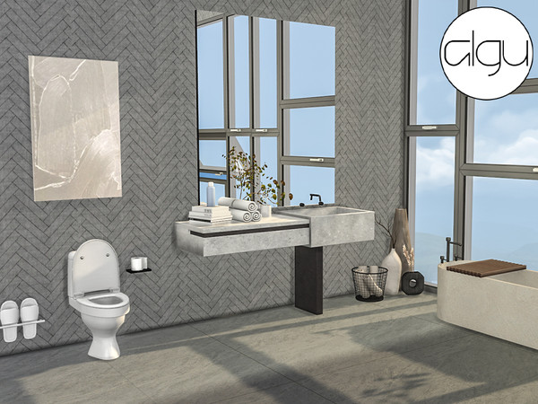 Sims 4 — [algu] modern bathroom set - towel basket by ALGU — washbasin, toilet, pile of towels, towel basket, mirror.
