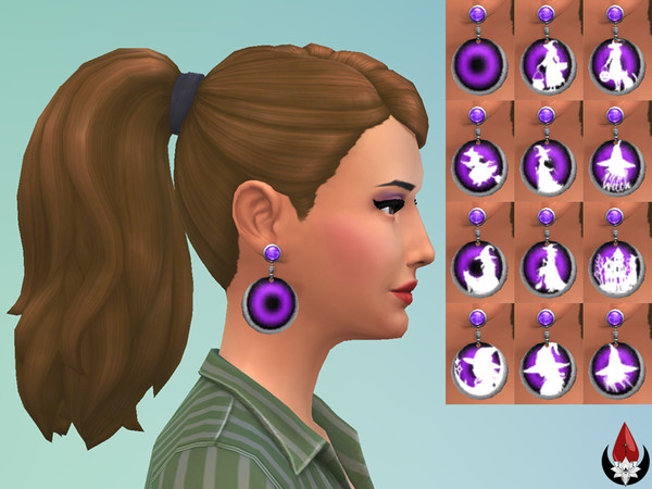 Sims 4 — round earrings big - purple.package by Dark Song — Earrings with various background color and witchy designs.