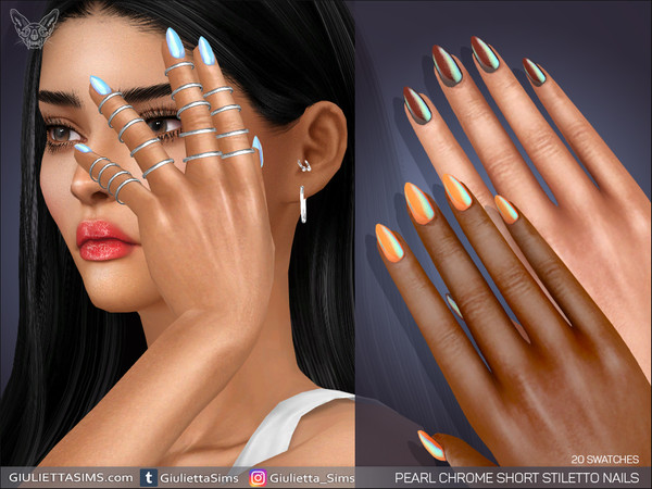 Sims 4 — Pearl Chrome Short Stiletto Nails by feyona — Pearl Chrome Short Stiletto Nails come with 20 swatches. *
