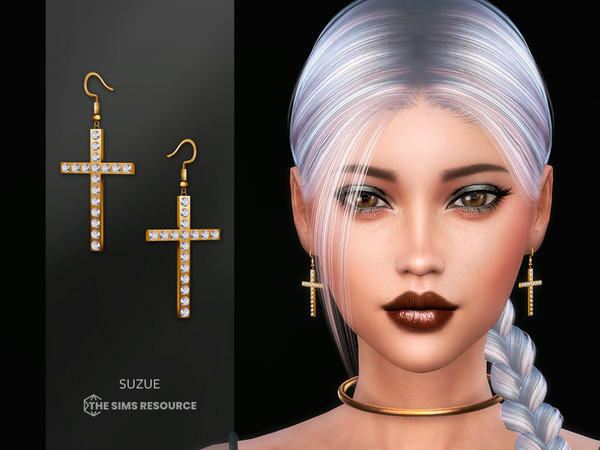 Sims 4 — Cross with Crystals Earrings by Suzue — New Mesh (Suzue)