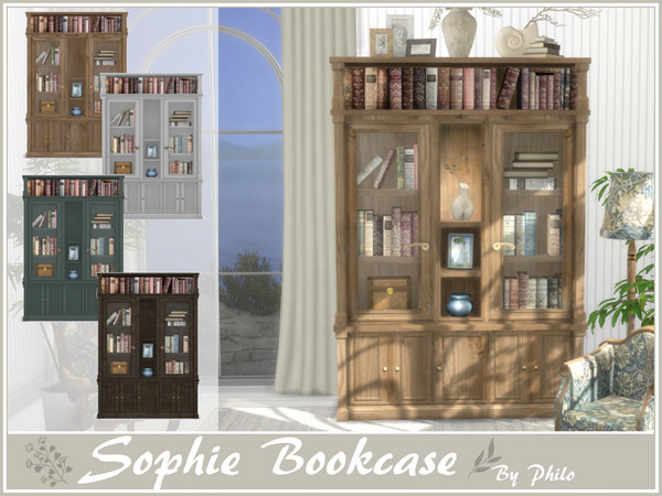 Sims 4 — Philo_Sophie Bookcase by philo — With its wooden furniture and floral fabrics, this set will give your country