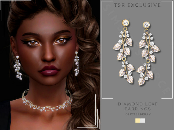 Sims 4 — Diamond Leaf Earrings by Glitterberryfly — A gorgeous drop down statement earrings with diamond . Set in gold or