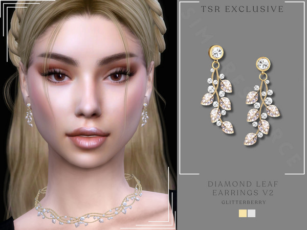 Sims 4 — Diamond Leaf Earrings v2 by Glitterberryfly — A diamond gold leaf earring