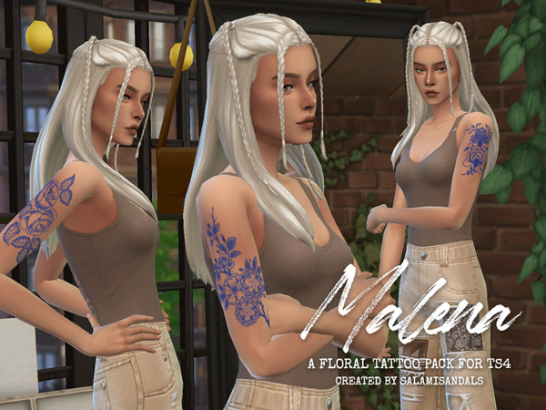 Sims 4 — MALENA Floral Tattoo Pack by salamisandals — Blue floral tattoos inspired by Delft pottery and chinoiserie.