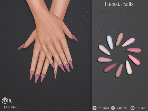 Sims 4 — Lucasta Nails by LVNDRCC — Long, light coloured modern almonds in a variety of pinks and neutral nude browns and