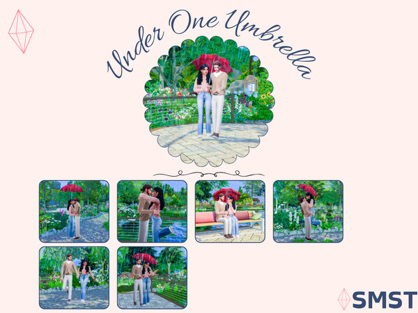 Sims 4 — Under One Umbrella by simmisstrait — 7 Poses with a Couple in the rain Umbrella Rig is from: Soloriya, i changed