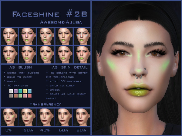 Sims 4 — faceshine_2B_blush_awesome-ajuga.package by Awesome-ajuga — - comes as blush & skin detail - 10 swatches for