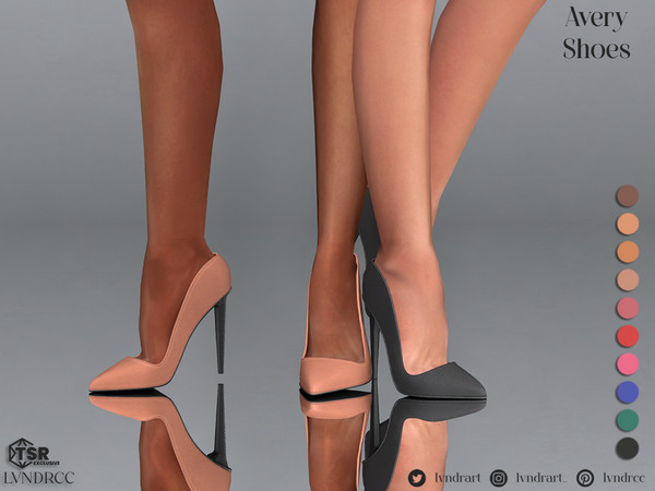Sims 4 — Avery Shoes by LVNDRCC — Elegant pumps with a geometric statement heel, in a variety of neural and bright