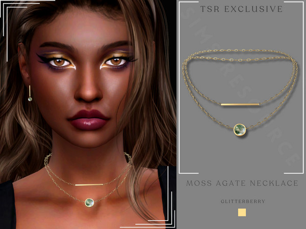 Sims 4 — Moss Agate Necklace by Glitterberryfly — A layered chain necklace with gold bar and moss agate pendant