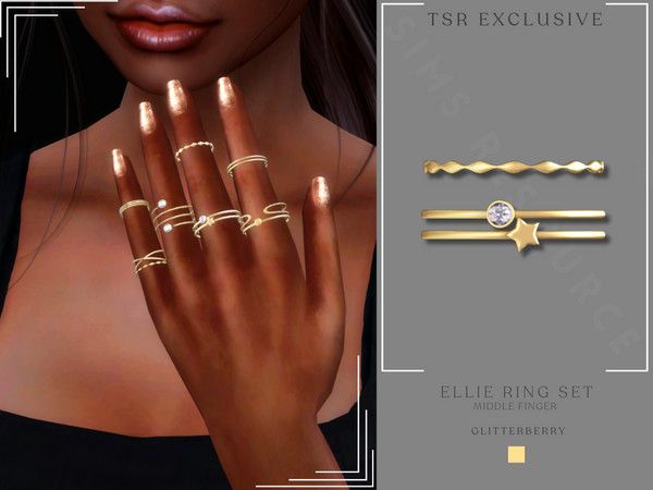 Sims 4 — Ellie Ring Set Middle Finger by Glitterberryfly — A gold ring stack with a diamond gemstone and star pendant