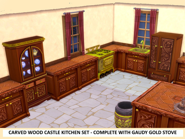 Sims 4 — Carved Wood Castle Kitchen Set by ayshala2 — Come for the amazing carved wood counter and stay for the garish