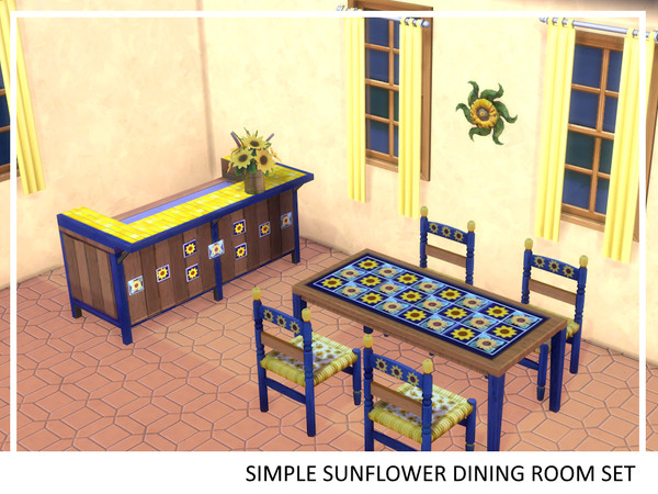 Sims 4 —  by ayshala2 — The Simple Sunflower Dining Room Set has a Tuscan touch mixed with bold cobalt blue. Set comes