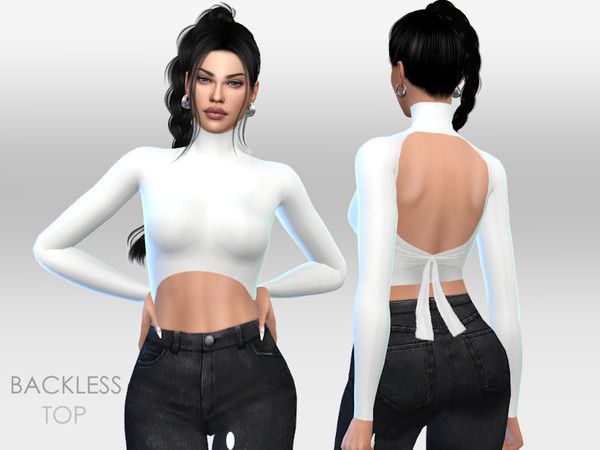 Sims 4 — Backless Top by Puresim — White backless mock neck top.
