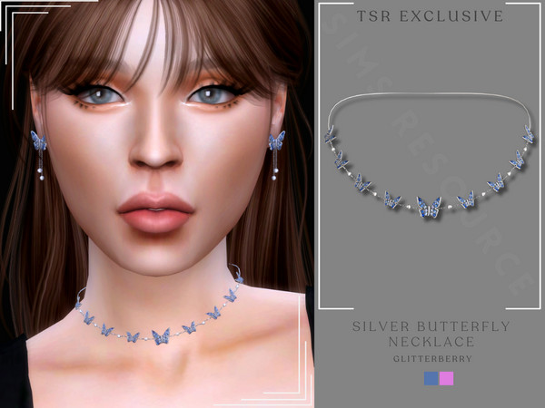 Sims 4 — Butterfly Silver Necklace by Glitterberryfly — A silver butterfly charm necklace