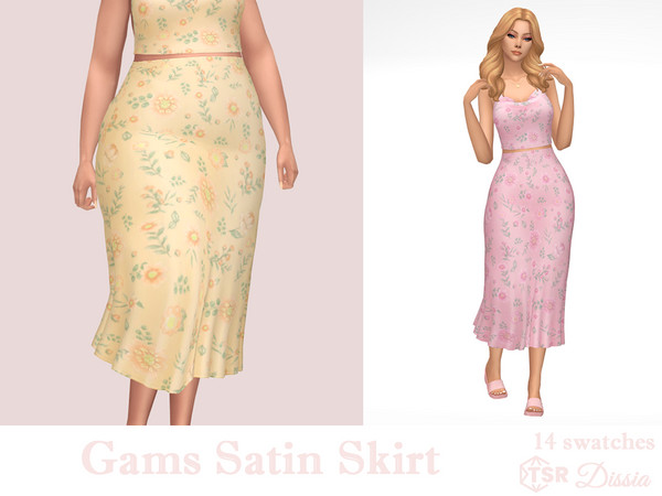 Sims 4 — Gams Satin Skirt by Dissia — High waist satin long floral skirt