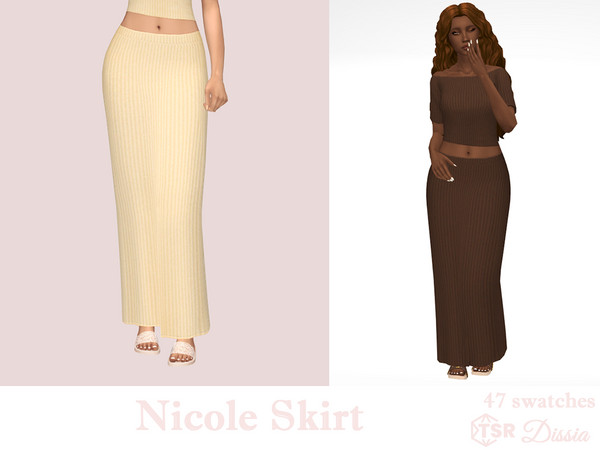 Sims 4 — Nicole Skirt by Dissia — Low waist ribbed long skirt