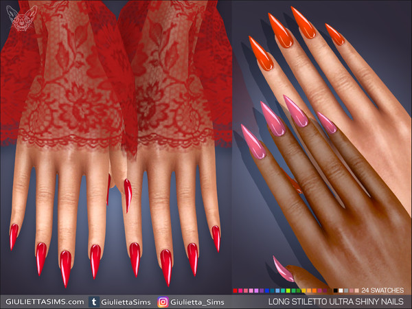 Sims 4 — Long Stiletto Ultra Shiny Nails by feyona — Long Stiletto Ultra Shiny Nails come with 24 swatches. * Fingernail