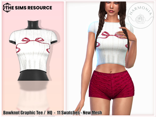 Sims 4 — PJ Set - Bowknot Graphic Tee by Harmonia — New Mesh