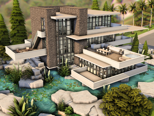 Sims 4 — Modern Luxury Mansion (NO CC) by plumbobkingdom — Above a crystal-clear lake stands this modern and stunning