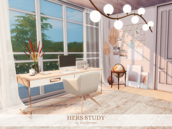 Sims 4 — Hers Study Room by BlusterSims — The Hers Study Room is a minimal and neutral study and office room, with a