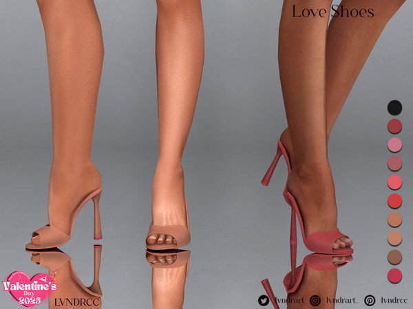 Sims 4 — Love Shoes by LVNDRCC — Cute, romantic slippers on a heart-shaped heel in a variety of soft pink and red shades.