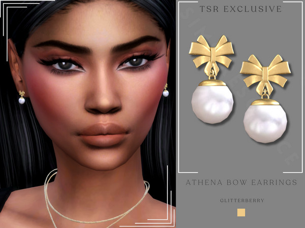 Sims 4 — Athena Bow Earrings by Glitterberryfly — A gold bow earring with pearl
