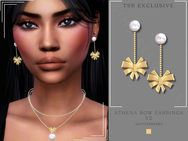 Sims 4 — Athena Bow Earrings v2 by Glitterberryfly — A drop dangle earring with gold bow
