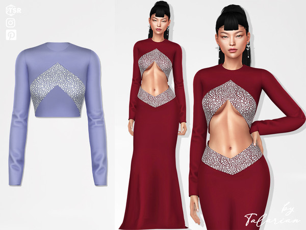Sims 4 — Alicia Top by talarian — A bold long-sleeve crop top with intricate embellishments and a statement cut-out Part