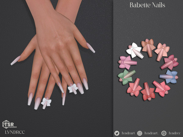 Sims 4 — Babette Nails by LVNDRCC — Neat medium taper ballerina nails with a decorative bow, painted in subtle ombre