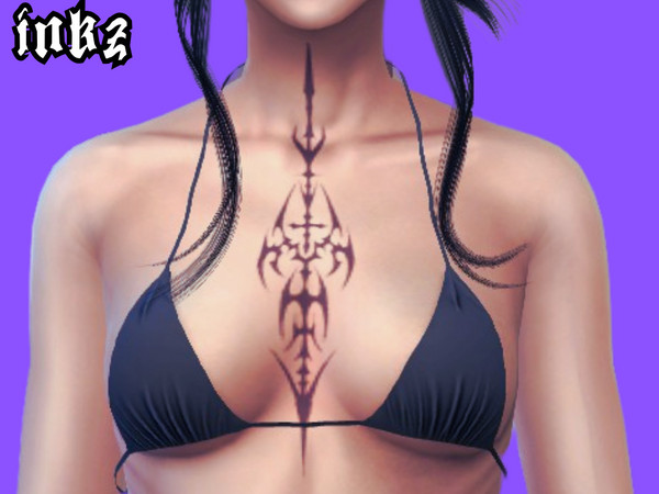 Sims 4 — Neo Tribal Chest Tattoo by inkerz — Neo Tribal Throat Chest Tattoo - Female