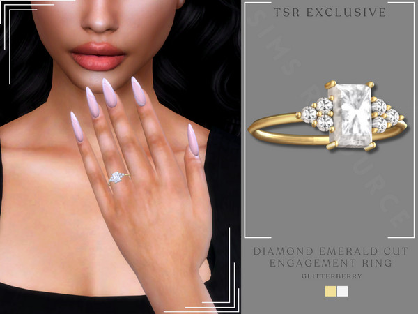 Sims 4 — Diamond Emerald Cut Engagement Ring by Glitterberryfly — An emerald cut diamond ring with small diamond stones