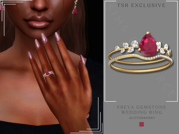 Sims 4 — Freya Gemstone Wedding Ring by Glitterberryfly — A gold wedding band with engagement ring. Comes with a ruby