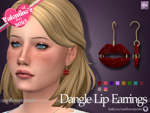 Sims 4 — Dangle Lip Earrings by SunflowerPetalsCC — A pair of dangle earrings in the shape of lips. Comes in 10 bright