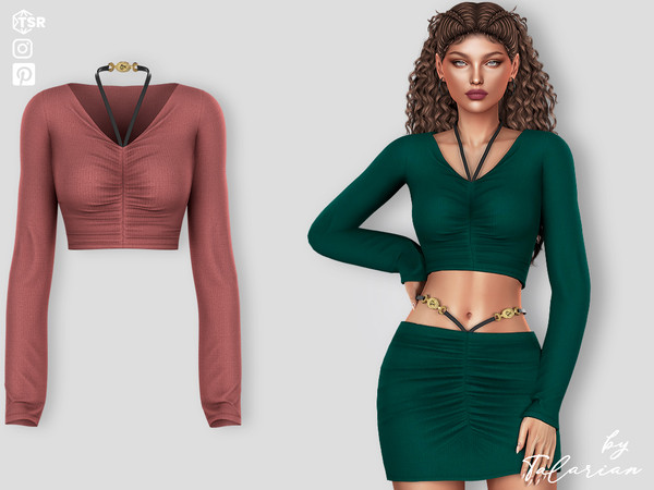 Sims 4 — Alexis Top by talarian — A fitted top with a V-neckline, long sleeves and an elegant neck strap with metallic