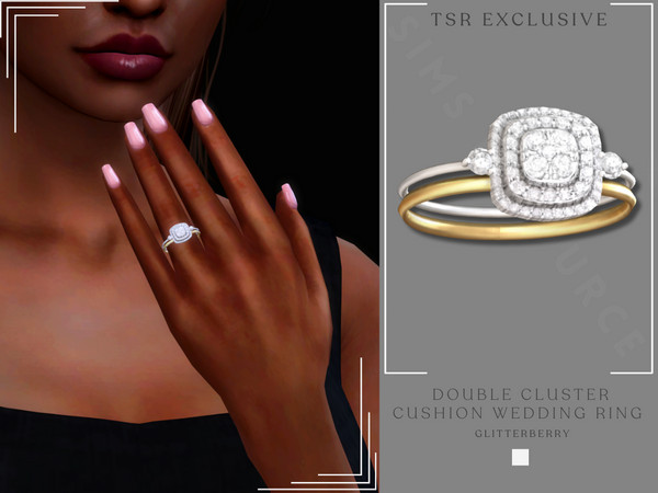 Sims 4 — Double Cluster Cushion Wedding Ring by Glitterberryfly — A diamond cluster engagement ring with gold wedding