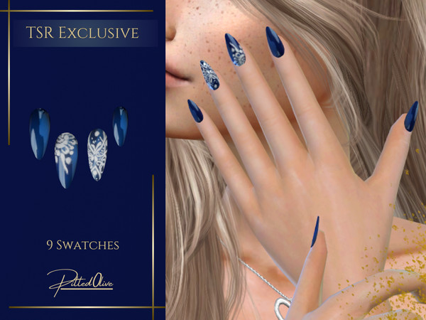 Sims 4 — In The Night Nails by Pitted0live — Dark colored nails with white painted details Custom catalog image
