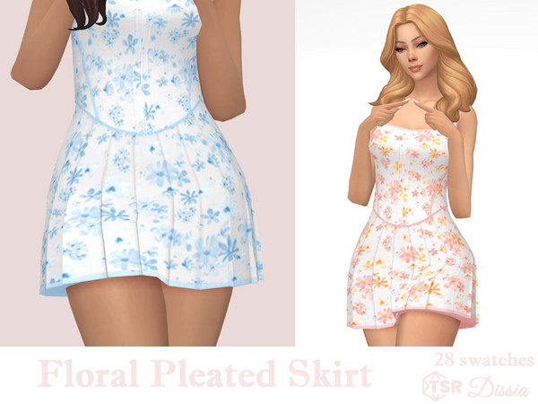 Sims 4 — Floral Pleated Skirt by Dissia — Flowers pattern short high waist pleated skirt